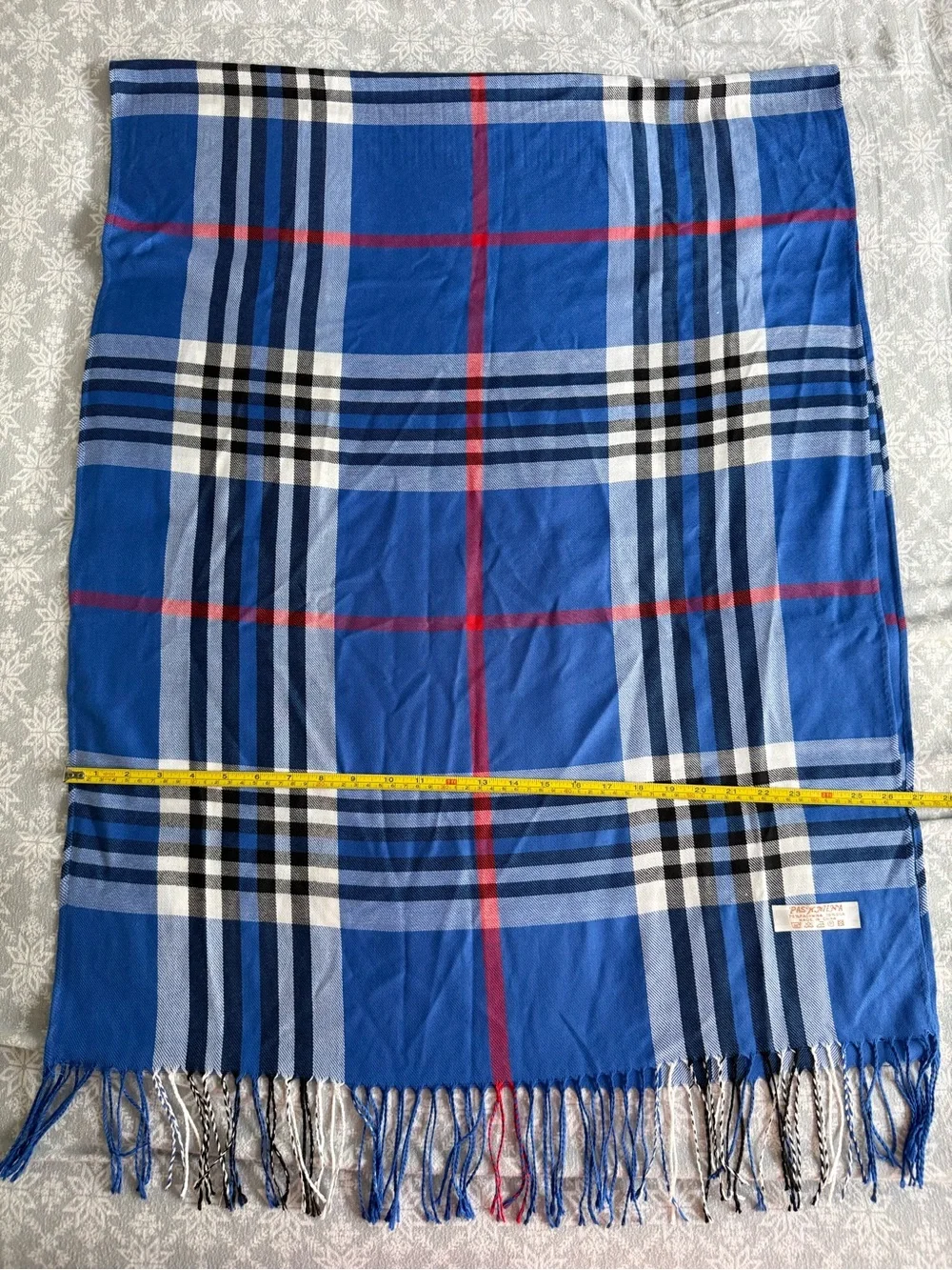 PASHMINA Silk Scarf Blue Black Red Plaid Tartan Fringe Winter Cozy Classic